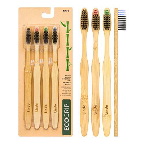 Lindo EcoGrip Charcoal Infused Bamboo Toothbrush - Soft German Made Fiber Bristles, Organic, Biodegradable and 100% Recyclable, Multi-Colored - Pack of 4