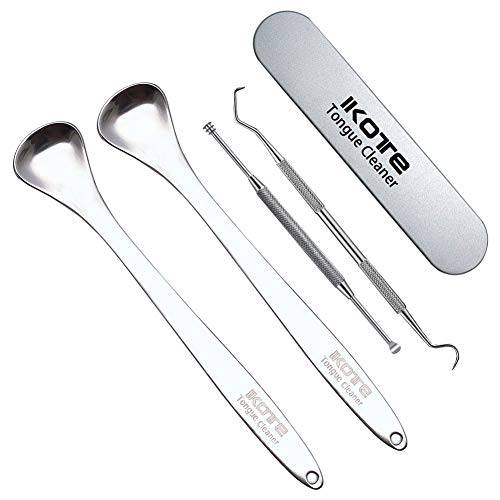 IKOTE Tongue Scraper Cleaner Surgical Grade Stainless Steel (Pack of 2), Professional Eliminate Bad Breath, Help Your Oral Hygiene, Tongue Scraping Cleaner Equipped with a Tooth Pick and an Ear Pick