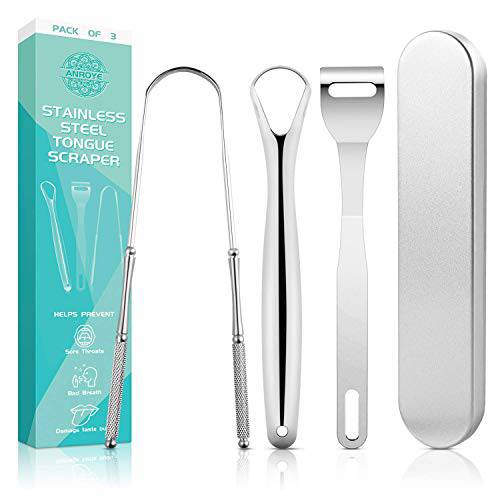 3 PCS Tongue Scraper for Adults, Stainless Steel Tongue Cleaner with Carry Travel Small Case, Medical Grade Metal Daily Oral Hygiene Brush Dental Kits Reduce Bad Breath Tool Gadgets Treatment