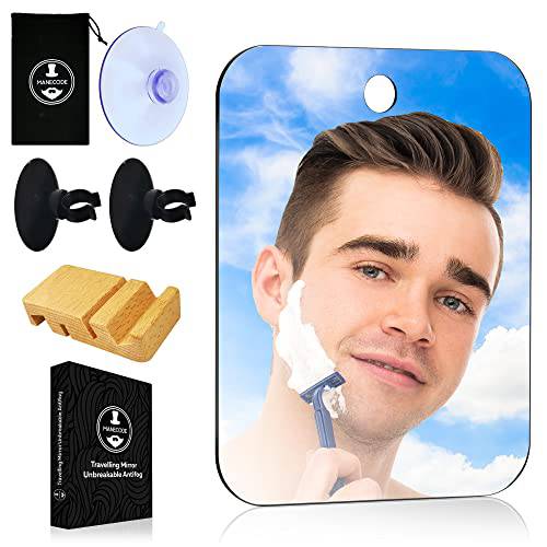 Manecode Shower Plastic Mirror for Shaving - 3xSuction Cups for Accesoires, Wooden Table Stand and Travel Bag Included - Unbreakable Shatterproof Handheld Design for Camp, Gym, Locker and Home