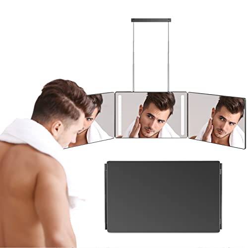 Dripex 3 Way Mirror for Self Hair Cutting, Rechargeable 360° Mirror with LED Lights, Trifold Self Haircut Mirror with Height Adjustable Hooks, for Makeup, Styling, Shaving, Braiding, Dye Hair