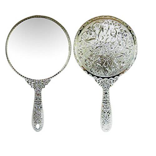Sevenstar Vintage Style Round Vanity Hand held Mirrors Purses Make Up Silver Mirror Large