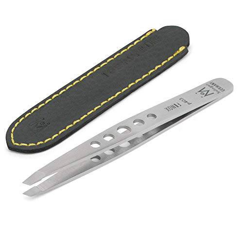 GERMANIKURE Professional Perforated Slanted Tweezers - FINOX Stainless Steel in Leather Case - Ethically made in Solingen Germany - 4403