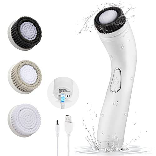 KINGDO Facial Cleansing Spin Brush, Exfoliating Face Scrubber for Cleaning, USB Rechargeable Face Cleaner Brush for Men & Women, IPX7 Waterproof Face Cleansing Brush with 3 Brush Heads , White
