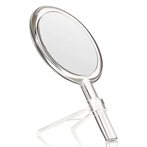 Queekay Double-Sided Handheld Mirror with Stand 1X/10X Magnifying Mirror with Handle Clear Adjustable Handheld Mirror Round Makeup Hand Mirror for Women Girls Makeup Tools Accessories Home Travel Use