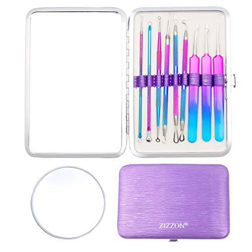 ZIZZON Blackhead Remover Kit Pimple Comedone Extractor Tool Set Treatment for Blemish, Zit, Acne Whitehead Tweezers Kit with 10X Magnifying Mirror