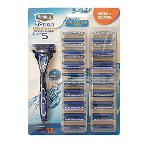 Schick Newly Improved Hydro Premium 5 Men’s 5 Blade Razor Set with 1 Handle and 17 Blades Equipped with Moisture Gel Reservoir - 40% decrease of Skin Irritation - Good for Wet Shaving