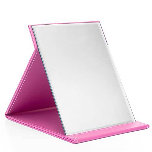 PSG.LGD Makeup Mirror,Portable Folding Mirror with Adjustable Stand for Tabletop,PU Leather,Perfect Size for Camping,Vocation,Home Vanity and Office Desk,Rose Red
