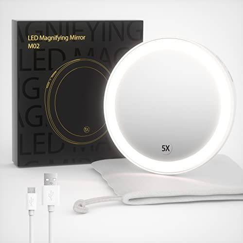 SHEGINEL 5X Magnified Makeup Mirror, Compact Mirror with LED Light,3 Color Lighting, Portable for Traveling(White)