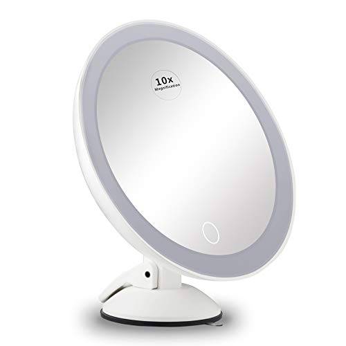 10X Magnifying Mirror with Lights,Lighted Magnifying Makeup Mirror with Lights Led Lighted Makeup Mirror with Touch Sensor,Dimmable,Powerful Suction Cup,360°Rotation for Travel Home