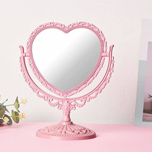 RECEESOON Pink Heart Mirror Double Sides, Vanity Makeup Mirror for Desk, Pink Vintage Mirror, Coquette Danish Pastel Room Decor Aesthetic
