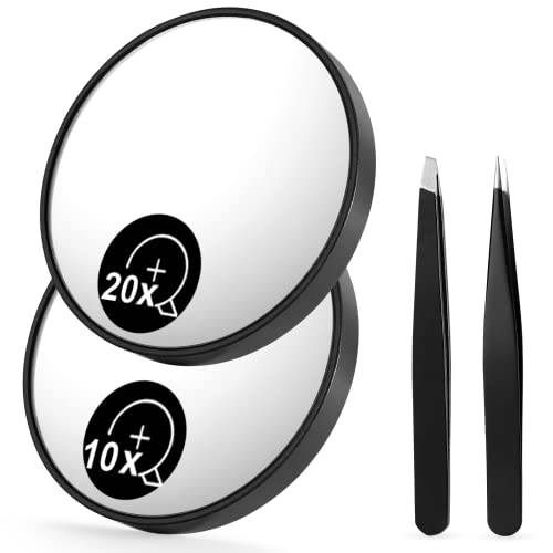 OMIRO 10X & 20X Magnifying Mirrors and Two Eyebrow Tweezers Kits, 3.5 Two Suction Cups Magnifier Travel Set