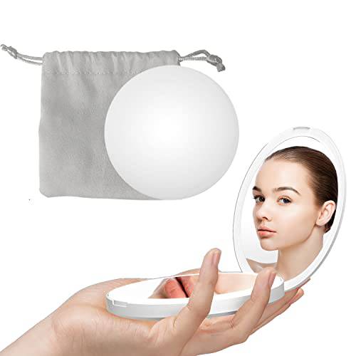 XINBAOHONG LED Lighted Travel Makeup Mirror 5X/1X Magnification Compact Mirror, Rechargeable Handheld Mirror, Portable Folding Cosmetic Mirror for Handbag, Purse, Pocket