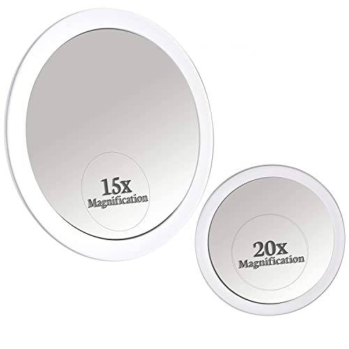 MIRRORVANA 20X & 15X Magnifying Mirror Set Combo with 3 Suction Cups Each - Compact & Travel Ready - 6-Inch and 4-Inch Wide