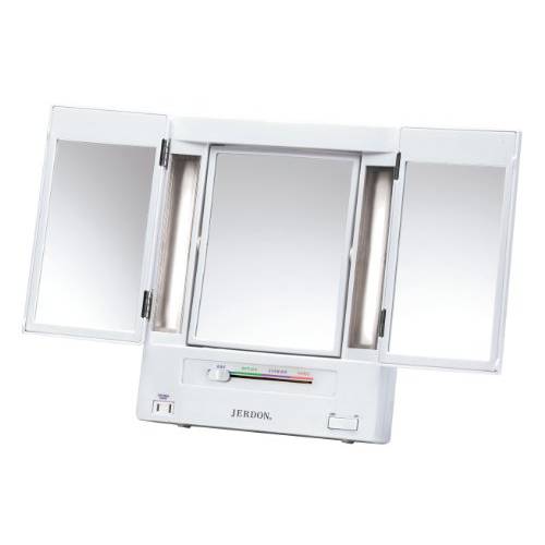 Jerdon Tri-Fold Two-Sided Makeup Mirror with Lights - Vanity Mirror with 5X Magnification & Multiple Light Settings - White Base - Model JGL9W
