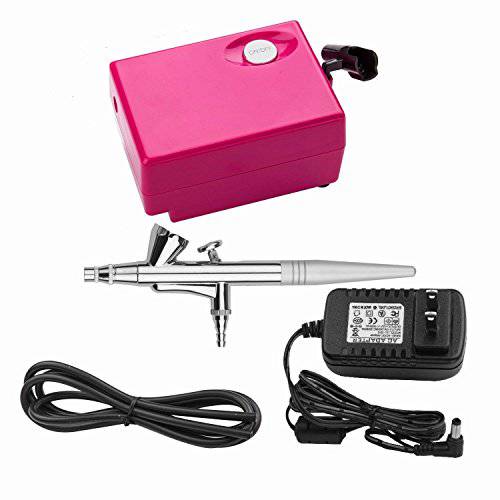Airbrush Makeup Set Pinkiou Air Brush Kit for Face Paint with Mini Compressor 0.4mm Needle and Nozzle Nail Body Paint SP16 (RED)