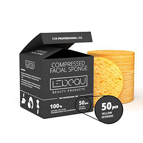 LeBeau Compressed Facial Sponges, Face Sponges for Cleansing, 100% Natural Cellulose Facial Sponge, Professional Spa Quality Face Sponge (50 counts, Yellow)