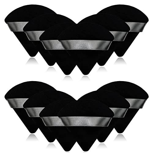 12 Pieces Black Cosmetic Powder Puff,2.76 inch Portable Soft Sponge Setting Face Puffs,Triangle Velvet Powder Puff with Ribbon Band Handle for Loose Powder Body Powder Makeup Tool