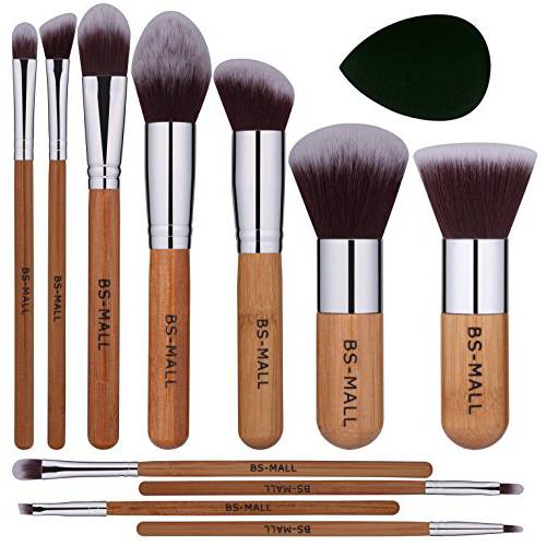 BS-MALL Makeup Brush Set 11Pcs Bamboo Synthetic Kabuki Brush Set Foundation Powder Blending Concealer Eye shadows Blush Cosmetics Brushes with Organizer Bag & Makeup Sponge…