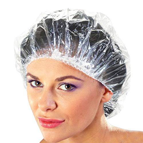 100 Disposable Clear Mop Mob Caps Clipped Hair Head Cover Shower Cap Plastic for Beauty Salon,Food Service,Hospitals,Laboratories,Manufacturing or Spray Tanning