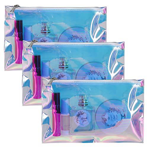 besharppin Holographic Cosmetic Bags, 3pcs Iridescent Makeup Pouches with Zipper for Home Office Purse Diaper Bag
