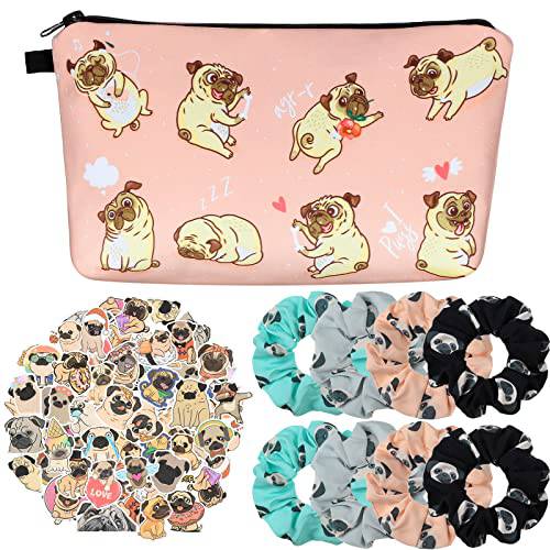 8 Pieces Pug Dog Hair Scrunchies with Funny Pug Dogs Makeup Bag and 50 Pieces Kawaii Pug Dog Stickers, Cotton Rounds Elastic Hair Bands Girls Hair Accessories and Cosmetic Bags Organizer for Girls