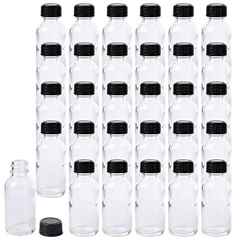 Bekith 30 Pack Boston Round Glass Bottle with Black Cap, 1 oz Capacity, Clear