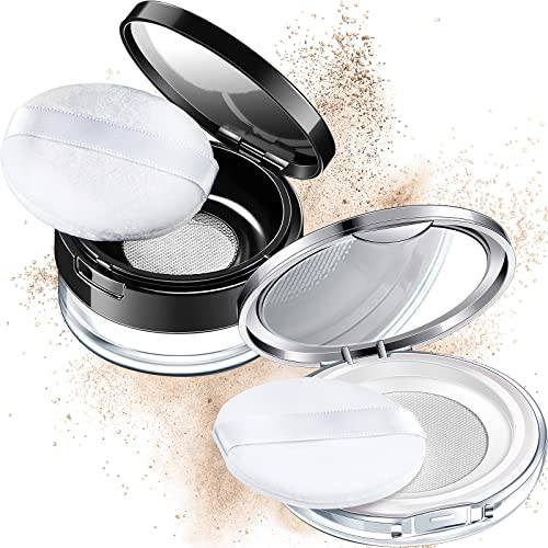 2 Pieces Loose Powder Container with Puff 0.17/0.7 oz Reusable Plastic Empty Powder Case Portable DIY Empty Makeup Powder Container Loose Powder Compact Case with Mirror and Elasticated Net Sifter
