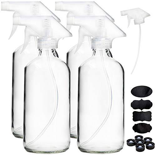 Youngever 4 Pack Empty Glass Spray Bottle, 16 Ounce Clear Glass Spray Bottle for Essential Oils with Extra Durable Trigger Sprayers