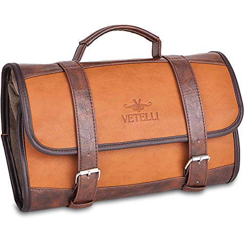 Vetelli Foldable Hanging Premium Leather Travel Toiletry Bag for Men with 2 Large Zippered Pockets 2 Small Snap Fastened Pockets for Cologne Perfect Travel Gift for Men
