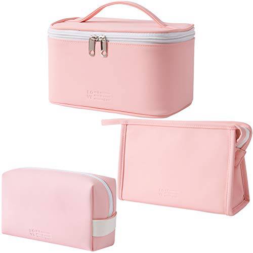 MIRASON Cosmetic Bag Set of 3 Makeup Bag for Purse Pouch Travel Beauty Zipper Organizer Bag Gifts for Girl Women, PU Leather Washable Waterproof (Pink)