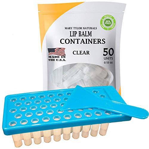 Lip Balm Container Tray Kit with Fill Tray and Spatula, BPA Free, Made in the USA, Includes 50 Clear Lip Balm Containers with Caps (0.15 oz each) by Mary Tylor Naturals