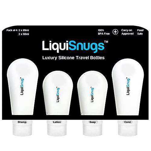 LiquiSnugs Premium - 100% Guaranteed Leak Proof Silicone Travel Bottles For Toiletries - TSA Approved Container. Premium Range Travel Shampoo Bottles with Suction Cups and Adjustable Labels