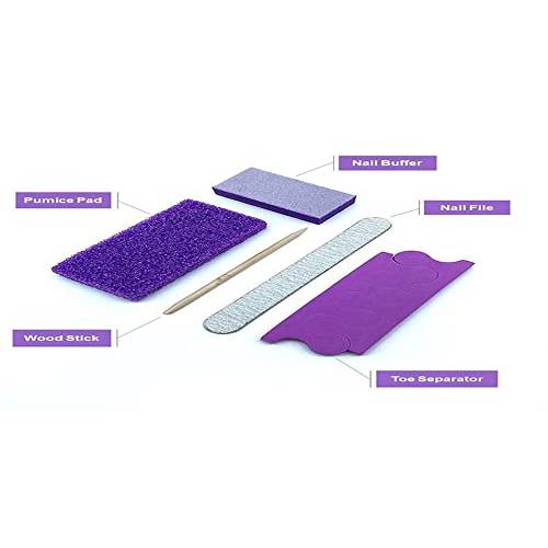 True Beauty 5-Piece deposable Pedicure Pedi Kit with Toe Separator, Purple Pumice Pad, White Wood Nail File 100180 Grit, Orange Mini Buffer 100180 Grit, Wood Stick, 200-Count