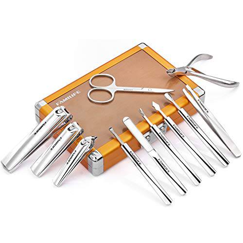 Manicure Set Professional, FAMILIFE Manicure Set Manicure Kit Nail Clipper Nail Care Kit Pedicure Kit 11 in 1 Mens Grooming Kit Manicure Tools with Luxury Gold Travel Case Valentines Day Gifts for Men