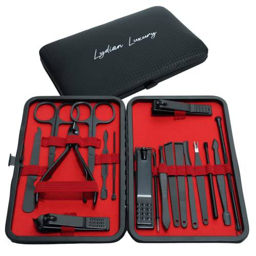 Lydian Luxury Complete Grooming Kit 18 Piece - Professional Travel Nail Kit Gift for Men and Women, Stainless Steel Manicure and Pedicure Nail Tools Clipper Case for Compact Travel, Black and Red