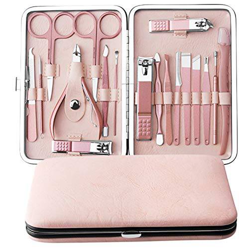 Manicure Set By Aoyuele Nail Clippers Set 18 in 1 Grooming Kit Stainless Steel Professional Pedicure Set,Nail Scissors,Nail File, Nose Hair Scissors,Eyebrow Razor,Ear-Pick,Tweezers (Rose gold)