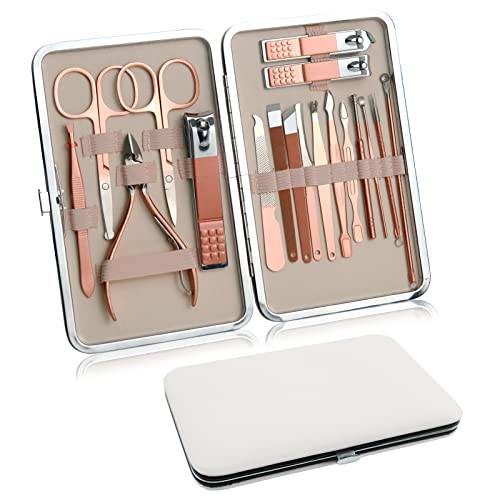 18 Pieces Manicure Set Nail Clippers - Stainless Steel Pedicure Kit, Professional Manicure Kit Grooming Kits, with Luxurious Travel Case Nail Care Tools for Men and Women, Rose Gold