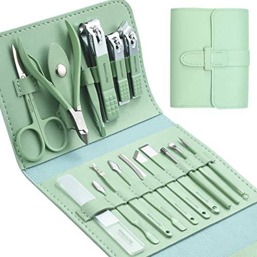 JIXANZO 16-Piece Manicure Set Professional Nail Clipper Pedicure Set Grooming Kit Gift for Men Husband Boyfriend Parents Women Nail Care with Green Leather Travel Case