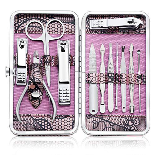 Manicure Set Professional Nail Clippers Kit Pedicure Care Tools- Stainless Steel Grooming Kit 12Pcs for Travel or Home (Pink)