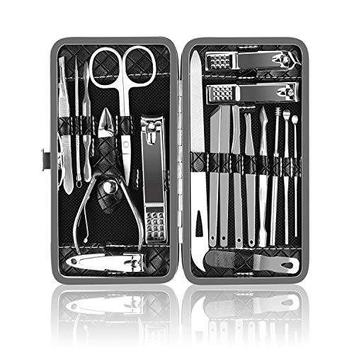 Manicure Set, Nail Kit, Pedicure Kit, Nail Clippers, Professional Grooming Kit, 19Pcs OKOM Stainless Steel Manicure Kit, Nail Tools with Black Luxurious Leather Travel Case
