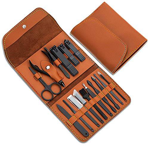 Gifts for Men/Women, Stainless Steel Manicure Set with PU leather case, Personal care tool (brown)