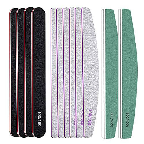 Roleelex 12 Pieces Nail Files & Buffers Professional File Set Manicure Pedicure Tool Acrylic Nails Poly Gel Double Sided Emery Board 100/180 Grit Buffer Block 800/4000 for Home Salon, Black