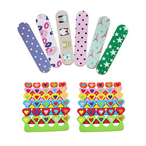 ZMOI 6 Pieces Colorful Girly Mini Emery Nail Files + 6 Pairs Heart Design Toe Separators Manicure/ Pedicure Kit
