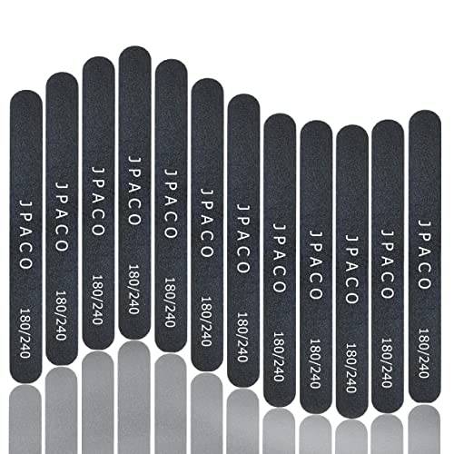 Nail Files 180 240 Grit for Natural Acrylic Poly Nail Extension Gel Nails Double Sided Black Washable Professional Set Manicure Tools (12 Pack) by JPACO