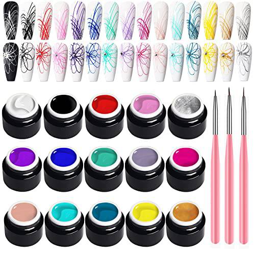 COOSA 15 Colors Spider Gel Art Nail Kit with Brush Nail Art Wire Drawing Gel for Line Pulling Line Silk Drawing Nail Decoration