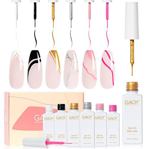 GAOY Gel Nail Art Polish Set, 6 Colors Gel Liner Kit of Silver Gold Pink for Nail Paint Design DIY Manicure and Pedicure at Home