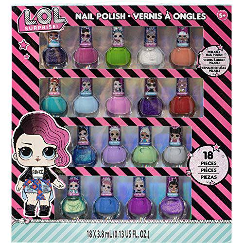 Townley Girl L.O.L. Surprise Non-Toxic Peel-Off Nail Polish Set for Girls, Glittery and Opaque Colors, Ages 5+ (18 Pcs), for Parties, Sleepovers and Makeovers