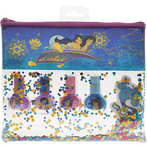 Townley Girl Disney Aladdin Non-Toxic Peel-Off Nail Polish Set with Nail File and Glitter Bag for Girls, Opaque Colors, Ages 3+ (4 Pack), 5 Count