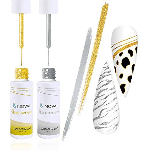 Gel liner Nail Art Polish Set 2 Popular Silver Gold Glitter Colors Nail Design Painted Soak Off Gel Polish with Thin Line Brush for Press on Nails